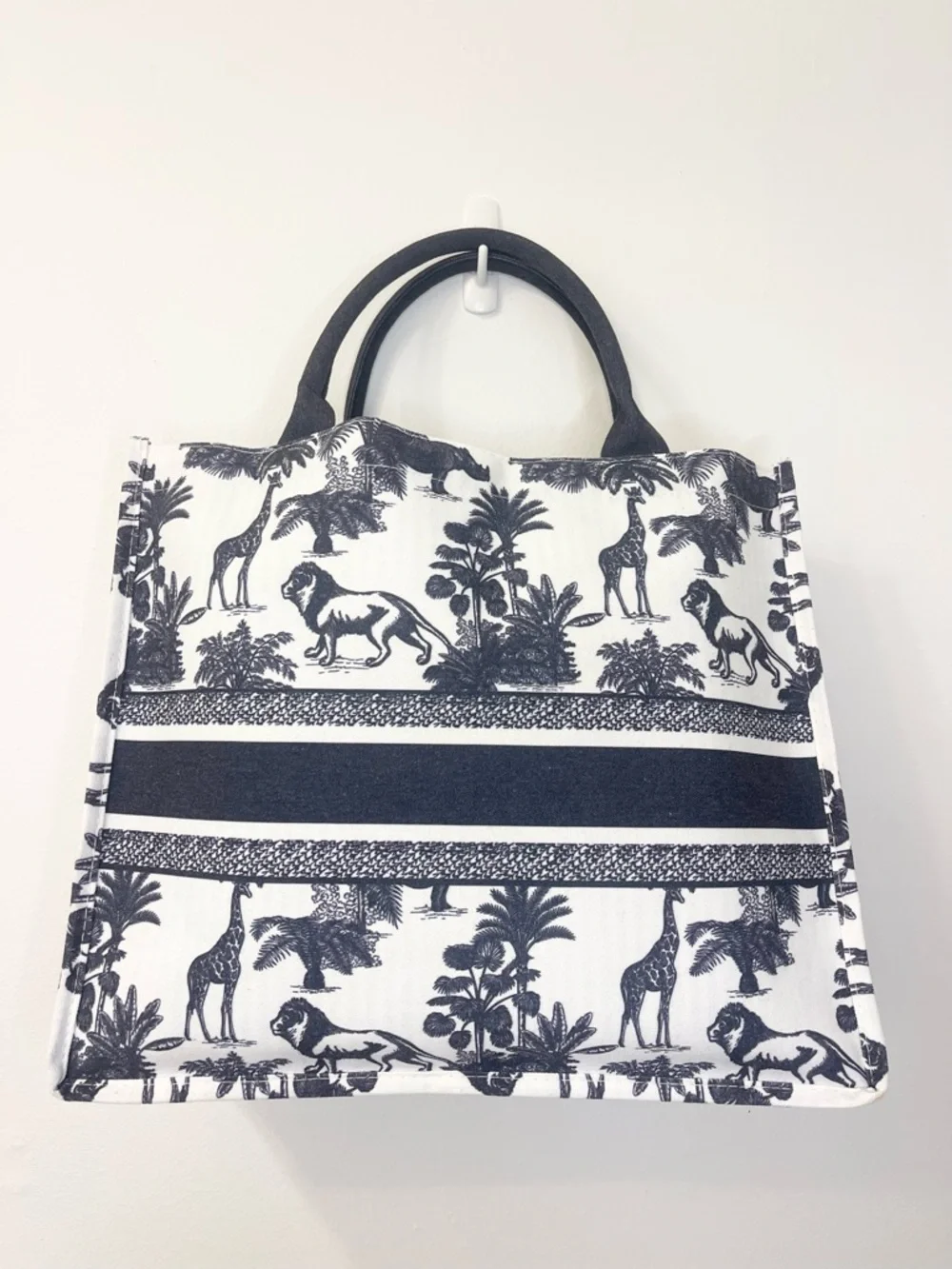 Monochrome Safari Print Tote Bag with Blue Handles
